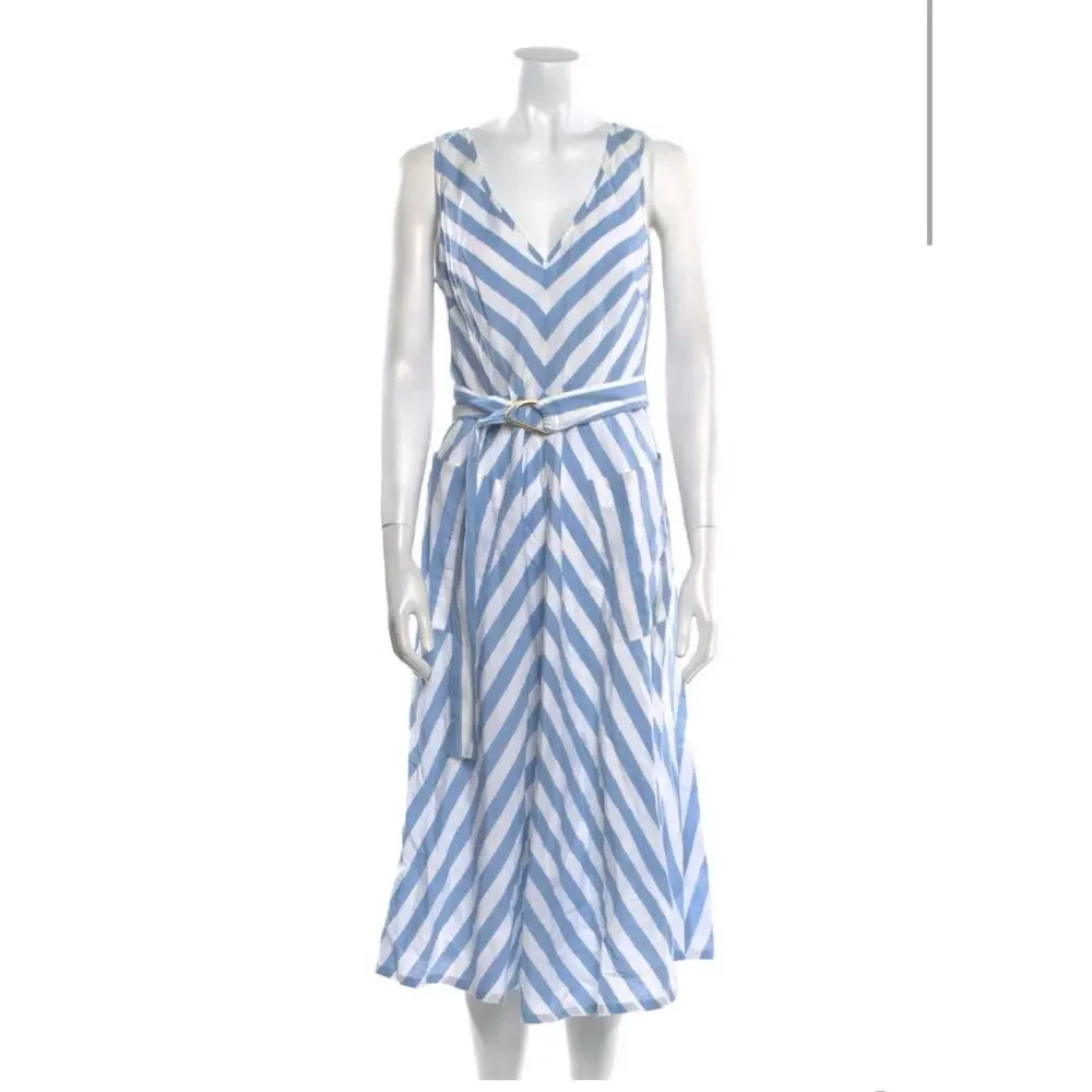 Kate Spade Deck Blue White Stripe Linen Blend V Neck Midi Dress Blue SIZE 8